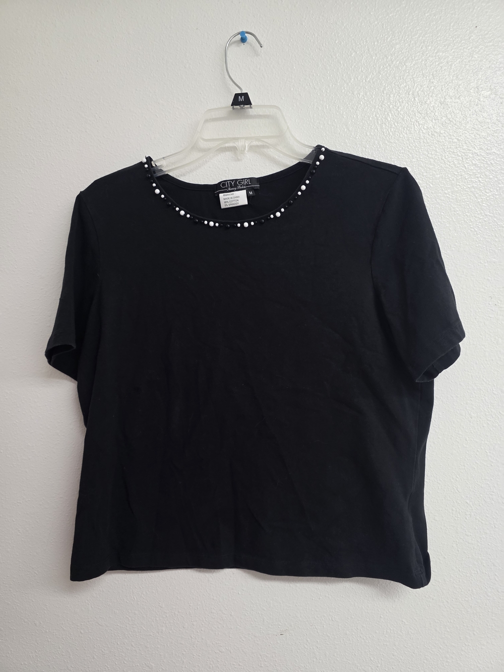 City Girl Black Short Sleeve Crewneck Tee with Bead Detail (0495)